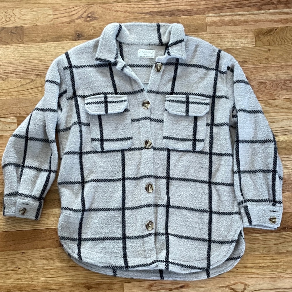 Z Supply Gray Windowpane Button-Up Shacket with Black Grid